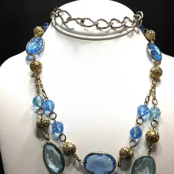 Vintage Blue Lucite Bead Necklace Gold Silver Tone Two Strand Layered 32 Inch - Picture 3 of 6